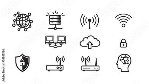 Technology Icons Set: Network, Cloud, Security, AI, Wifi, Server, Router