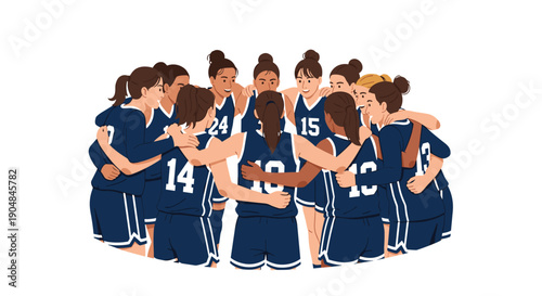 Group of diverse female basketball players in dark blue jerseys forming a tight huddle, symbolizing strong team spirit.