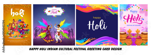 Vibrant Holi Festival Illustrations Featuring People Celebrating with Colors and Traditional Indian Festivities