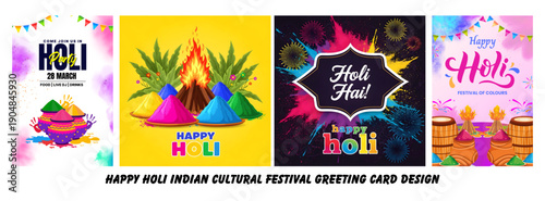 Vibrant Holi Festival illustrations celebrating colors, traditions, and joyous community gatherings with festive decorations.