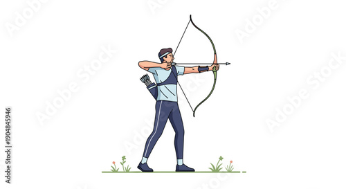 Skilled male archer in athletic attire with a quiver, intensely drawing a recurve bow and aiming forward.