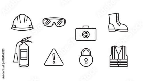 Workplace Safety Equipment Icons Set - Hard Hat, Goggles, First Aid, Boot, Fire Extinguisher
