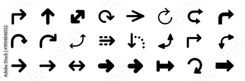 Arrows icon set with curved turn, rotate, redo, undo, reply and navigation symbols in black glyph style, minimal vector pack for UI, web buttons and interface