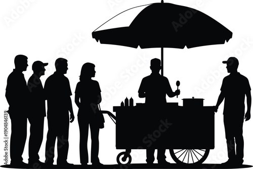 Street food cart vendor silhouette with customers waiting in line, outdoor mobile catering service under umbrella, fast food business and urban lifestyle,