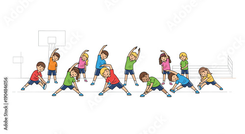 Enthusiastic diverse children in colorful sportswear performing coordinated side bends and stretches during a physical