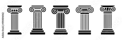 Columns classical Greek set with ornate capitals and fluted shafts, black and white line art featuring architecture, historical, ancient with design and structure elements for building, icon