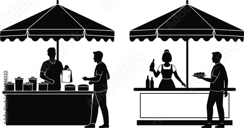 Street food market stalls silhouette illustration, outdoor festival vendors serving customers under umbrellas, local fair commerce and small business retail concept vector,