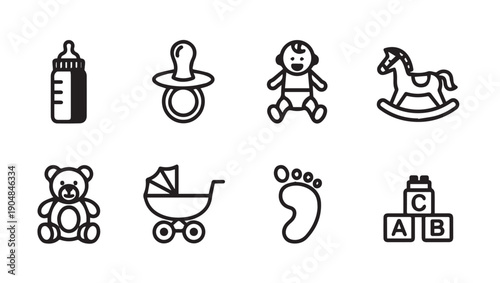 Baby Icons Set: Bottle, Pacifier, Toy, Stroller, Footprint, Blocks, Horse