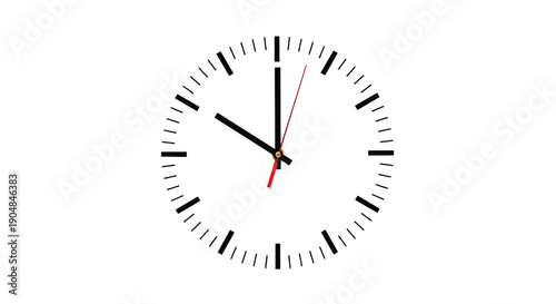 Modern minimalist clock face showing time with simple black and red hands on white background