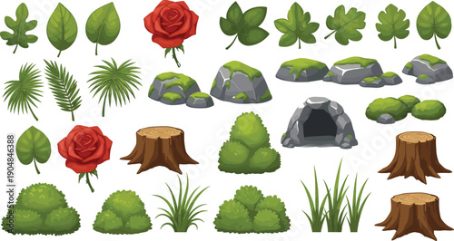 Nature elements vector set with leaves rocks bushes tree stumps and flowers cartoon illustration collection