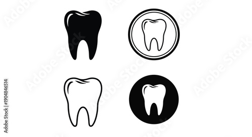 Collection of black and white dental tooth illustrations in various styles and designs