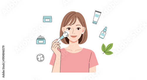 Young woman confidently applying natural powder makeup with a brush, surrounded by organic skincare and cosmetic