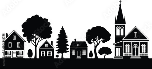 Village Skyline Silhouette with Church Steeple and Rural Houses