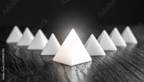Illuminated pyramid at apex of triangular formation of smaller white pyramids on dark wooden surface, symbolizing leadership and prominence.