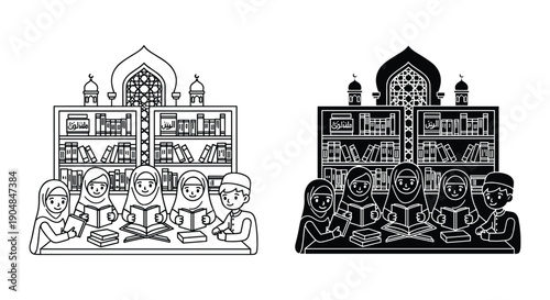 Islamic scholars studying Quran in traditional mosque library with intricate Islamic architecture and calligraphy