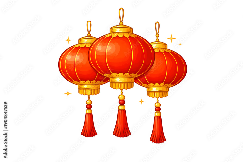 Obraz premium Radiant Lanterns: An image of three red lanterns hanging, each one glowing with a warm light and intricate golden details, radiating festive charm and cultural significance.