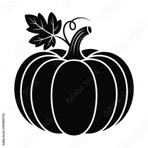 Simple black and white illustration of a pumpkin with a leaf and vine