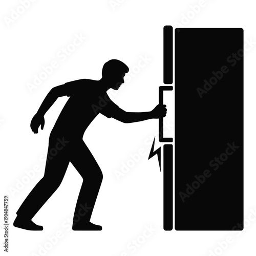 A silhouetted figure struggles to open a refrigerator door with effort