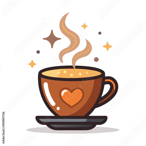 A warm cup of coffee with steam and sparkling elements above it