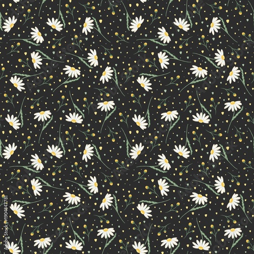 seamless floral graphite pattern with camomile, daisy, dots, print for fabric, textile, wrapping paper 