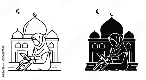Woman Reading Quran in Front of Mosque Illustration, Line Art and Silhouette, Islamic Culture