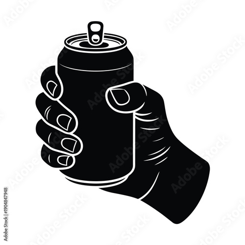 A hand firmly grasping a closed can a black and white illustration