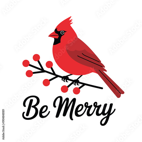 A vibrant red cardinal perched on a branch with festive lettering