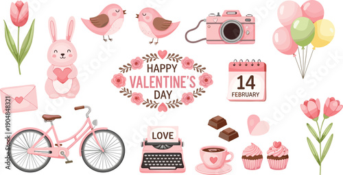 Valentine’s Day romantic illustration with pink icons including bunny, tulip, camera, chocolates, cupcakes, calendar, and love-themed decorations for celebration design