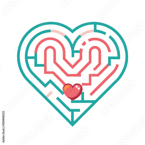 A teal and pink heart shaped maze with a small red heart at the exit