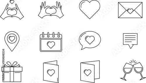 Valentine's Day icon set in black and white line style with hearts, gifts, calendar, chat, wine glasses, and romantic symbols for love themes