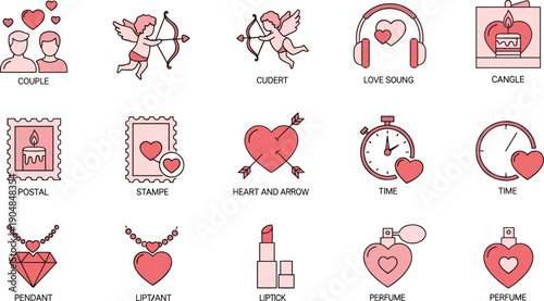 Valentine's Day icon set in pink and red with hearts, gifts, perfume, lipstick, couple, and romantic symbols for love and celebration themes