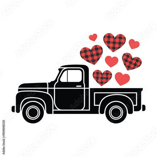 Vintage truck silhouette carrying red hearts with plaid patterns