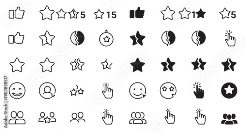 Rating and Feedback Icon Set with Stars, Thumbs Up, Smileys, and User Review Symbols for UI UX Design