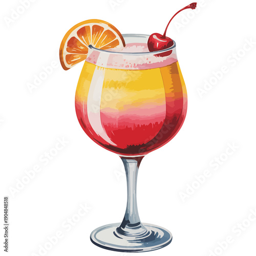 A vibrant tequila sunrise cocktail in a stemmed glass with garnish