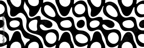 Pattern abstract seamless geometric wallpaper with bold black organic blobs and rounded cutouts, modern retro midcentury repeat design for textile, wrapping paper, branding
