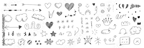 Doodles hand-drawn set with various shapes and symbols including hearts, arrows, stars, and clouds featuring lines, sketches, creative with art and design elements for vector, illustration projects,