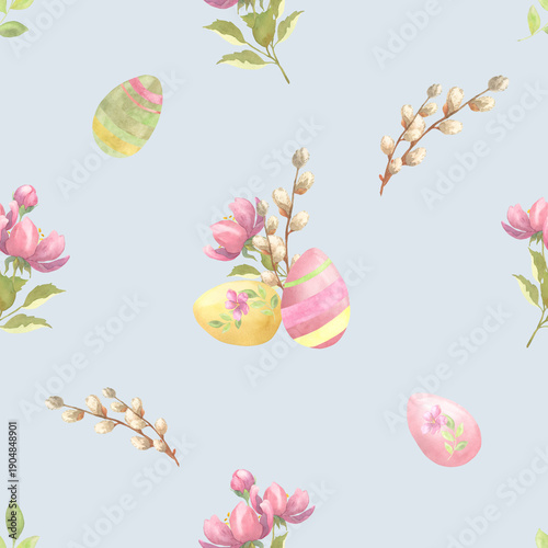 Seamless Watercolor Easter Egg Pattern with Leaves and Willow, Blue
