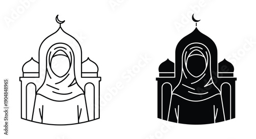 Muslim Woman in Hijab with Mosque Background Line Art Illustration
