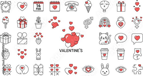 Valentine's Day icon set with love hearts, romantic gifts, February 14 calendar, cute animals, sweets, and celebration symbols in red and black outline style