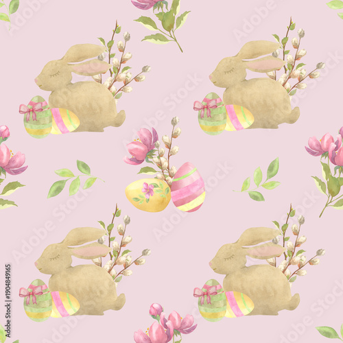  Easter Watercolor Pattern with Eggs, Bunny and Flowers, Pink