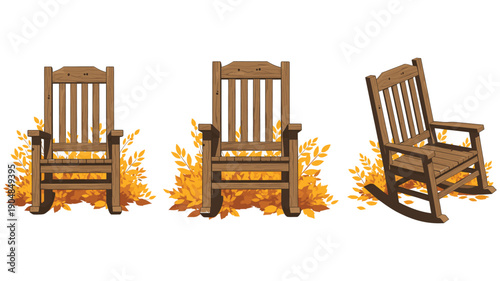 Three rustic rocking chairs surrounded by autumn leaves