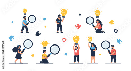 Diverse group of people holding magnifying glasses and glowing lightbulbs, symbolizing idea generation and