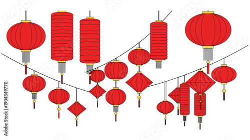Colorful assortment of traditional red chinese lanterns in various shapes and sizes.