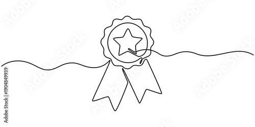 Star Award Seal continuous one line drawing, Award star badge continuous line art drawing. Vector illustration isolated on white, Winner award badge continuous one line drawing vector illustration