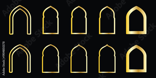 Islamic golden frames collection. Traditional Arabic door and window frames. Oriental mosque arch in luxury style. Set of outline Arabic golden frames. arch mashrabiya window frames geometric. EPS 10.
