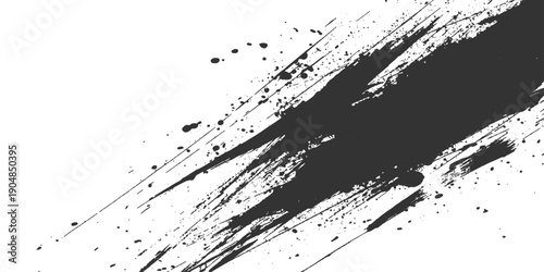 An abstract black ink splat vector featuring a grungy paint texture with dirty spray splashes and a liquid brush drip design on a stained paper border frame