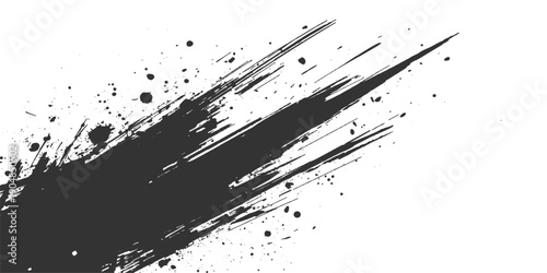 A grungy black ink splat design features a textured paint splash and liquid spray splatter pattern with artistic brush drips and a dirty spatter border element on a vector background