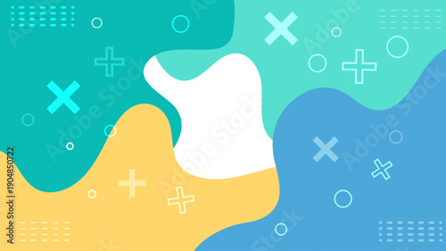 Colorful abstract fluid geometric background with organic shapes and playful symbols, modern flat design in teal yellow and blue for branding, UI, posters and digital layouts