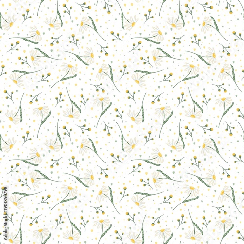 seamless floral white pattern with camomile, daisy, dots, print for fabric, textile, wrapping paper 