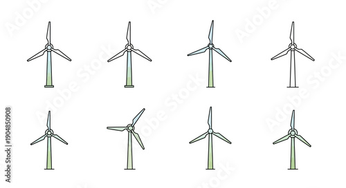 Set of Green Energy Wind Turbines for Sustainable Power Generation, isolated white background.